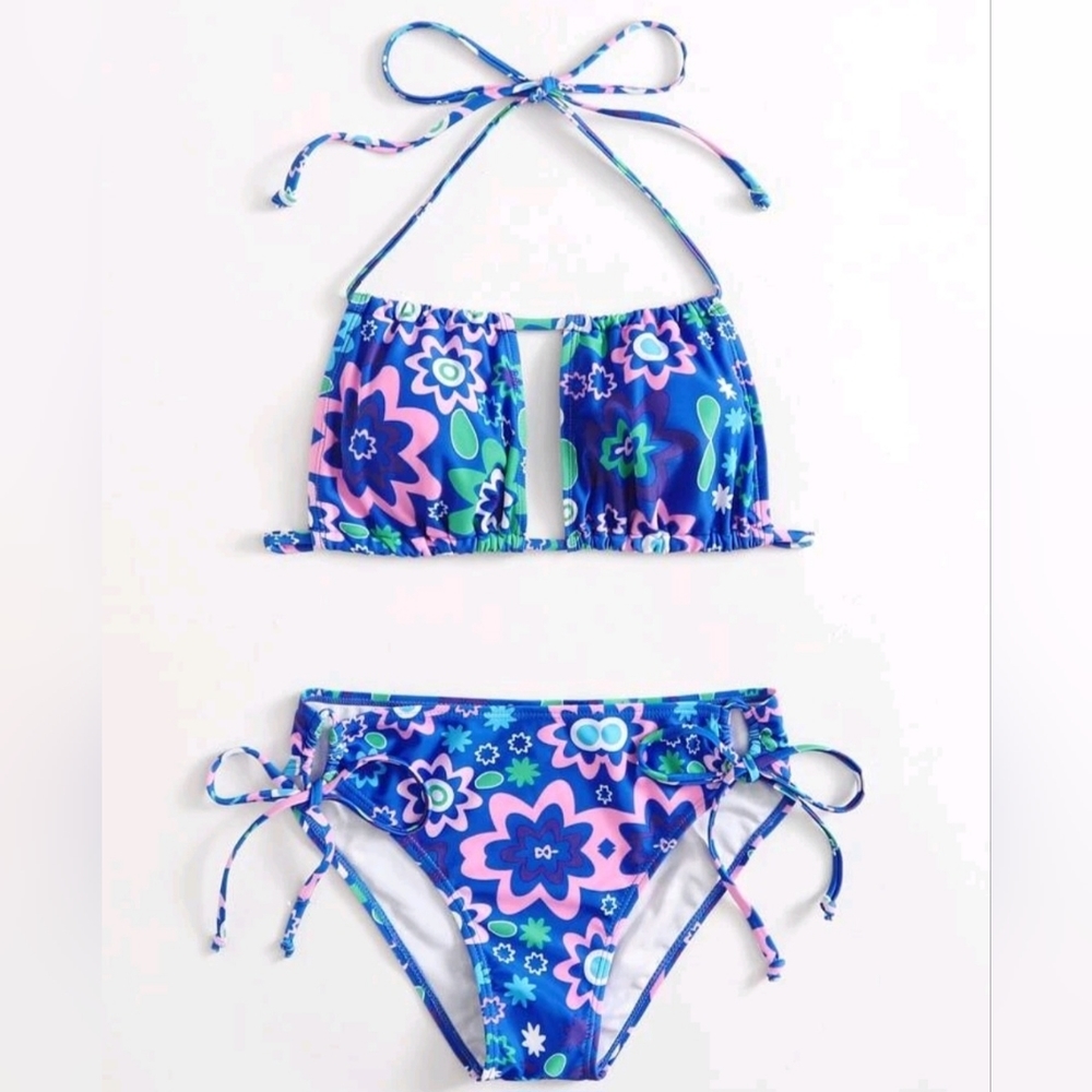 Halter Side Drawstring Bikini Swimsuit With flower print. Size Small.